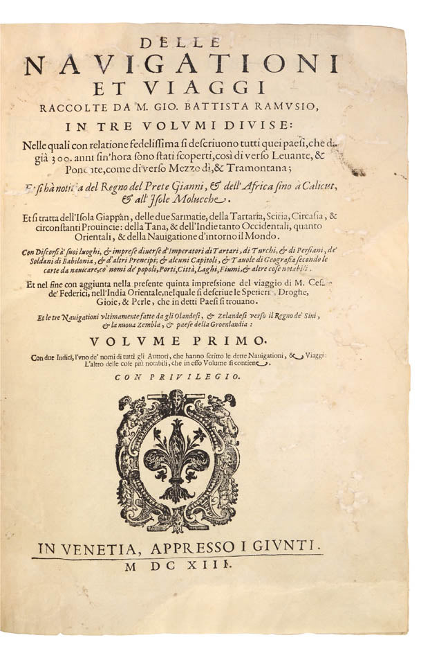 A handsome set in a contemporary Venetian binding.  One of the earliest and most important collections of Voyages and Travels of the 16th century (Church).