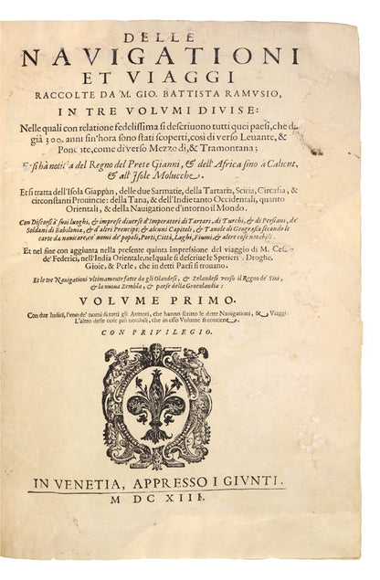 A handsome set in a contemporary Venetian binding.  One of the earliest and most important collections of Voyages and Travels of the 16th century (Church).