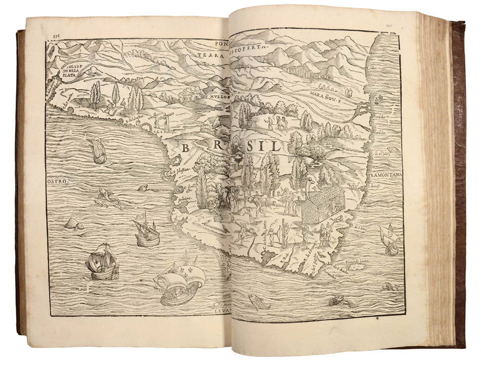 A handsome set in a contemporary Venetian binding.  One of the earliest and most important collections of Voyages and Travels of the 16th century (Church).