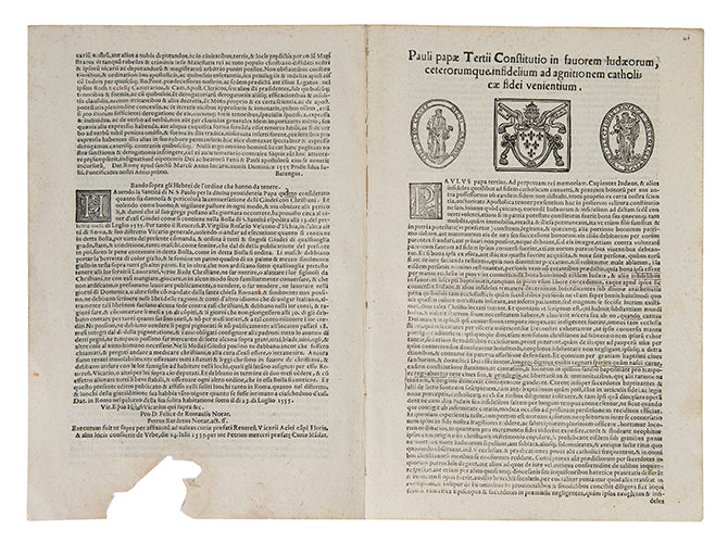 The papal bull of Pope Paul IV, Cum Nimis Absurdum, revoked all the rights of the Jewish community and placed religious and economic restrictions on Jews.<br />