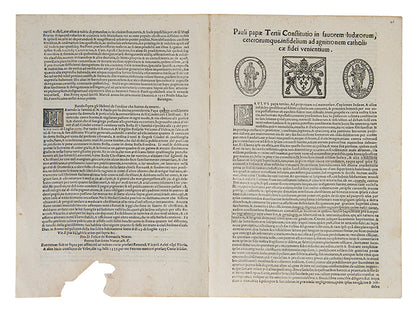 The papal bull of Pope Paul IV, Cum Nimis Absurdum, revoked all the rights of the Jewish community and placed religious and economic restrictions on Jews.<br />