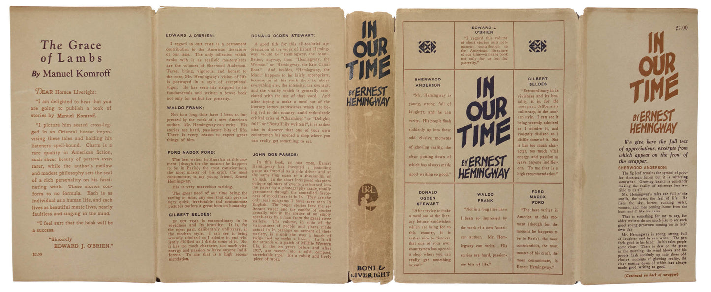 First edition collection of short stories and vignettes that marked the American debut of Ernest Hemingway and brought him fame. In scarce dust jacket<br /><br />