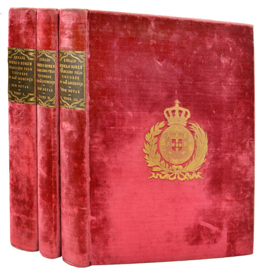 An excellent presentation set of Pope's Essay on Man in Portuguese, deluxe velvet binding with Portuguese royal coat-of-arms gilt-stamped to the covers. 