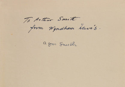 Inscribed first edition of this collection of satirical poetry by Wyndham Lewis, dedicated on the front free endpaper 'To Arthur Smith from Wyndham Lewis'.