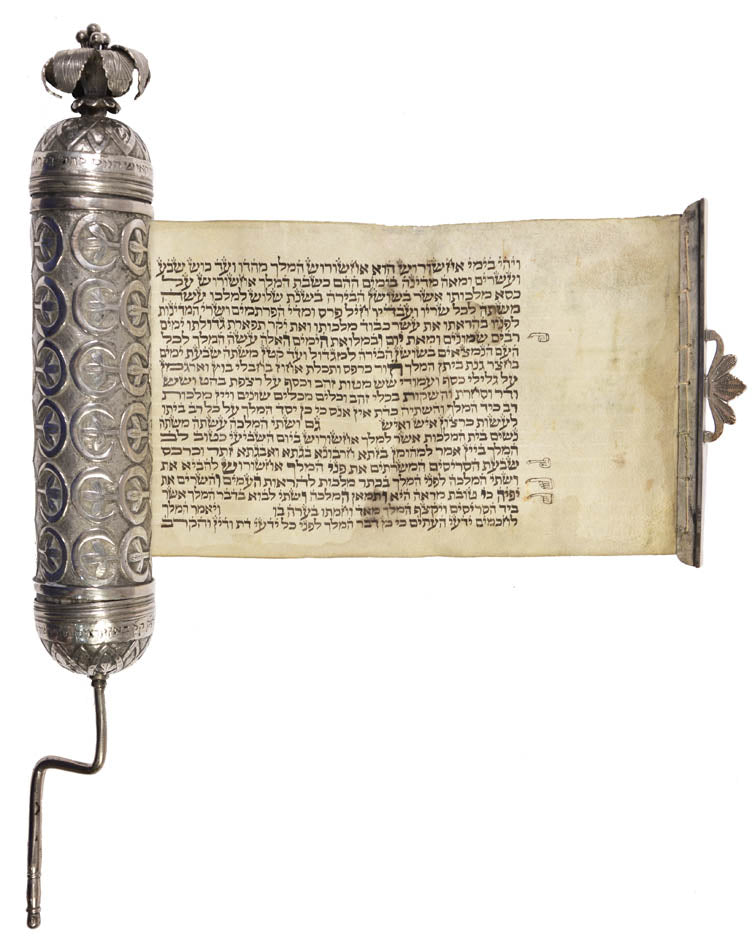 Esther scroll housed in an elaborately decorated silver case. Manuscript on vellum, text arranged in 19 lines, in Hebrew Sephardic Script. 