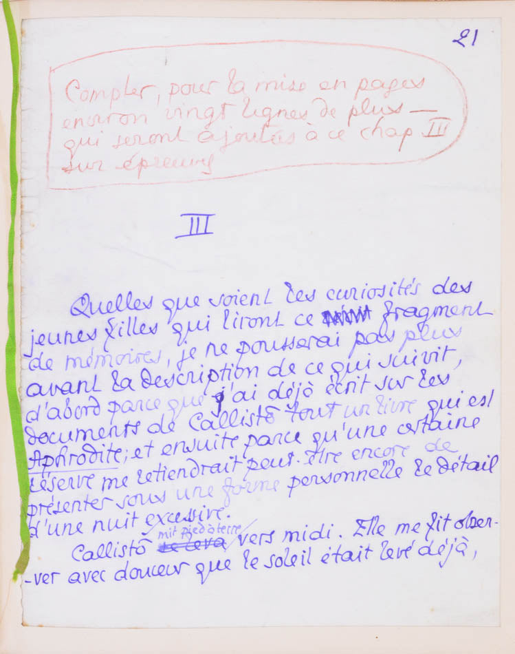 Manuscript copy of this playful work by Pierre Louys, comprising 39 pages of manuscript interleaved with blank pages, bound in full red morocco gilt.