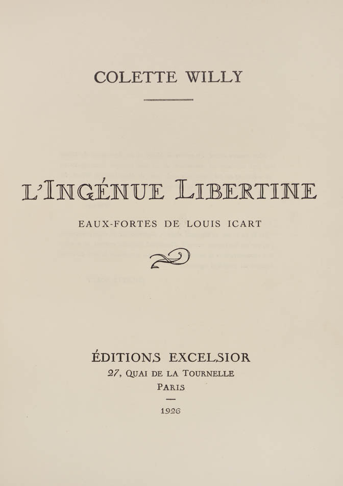 Printed in Paris in 1926, limited edition of 425 numbered copies. With 20 colour plates by Icart and a facsimile letter by Colette tipped-in. 