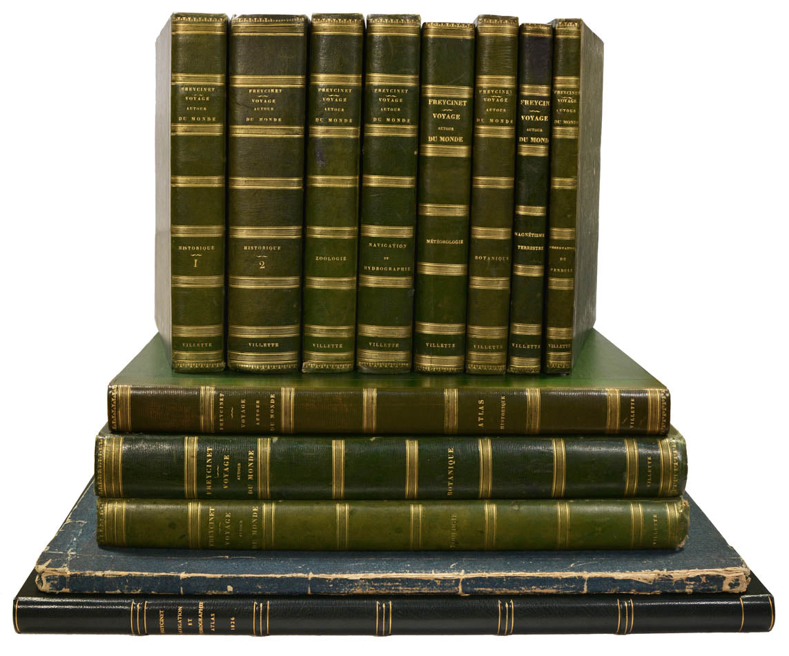 A rare complete set of the official account of Freycinet's voyage of scientific exploration in the Uranie and the Physicienne.