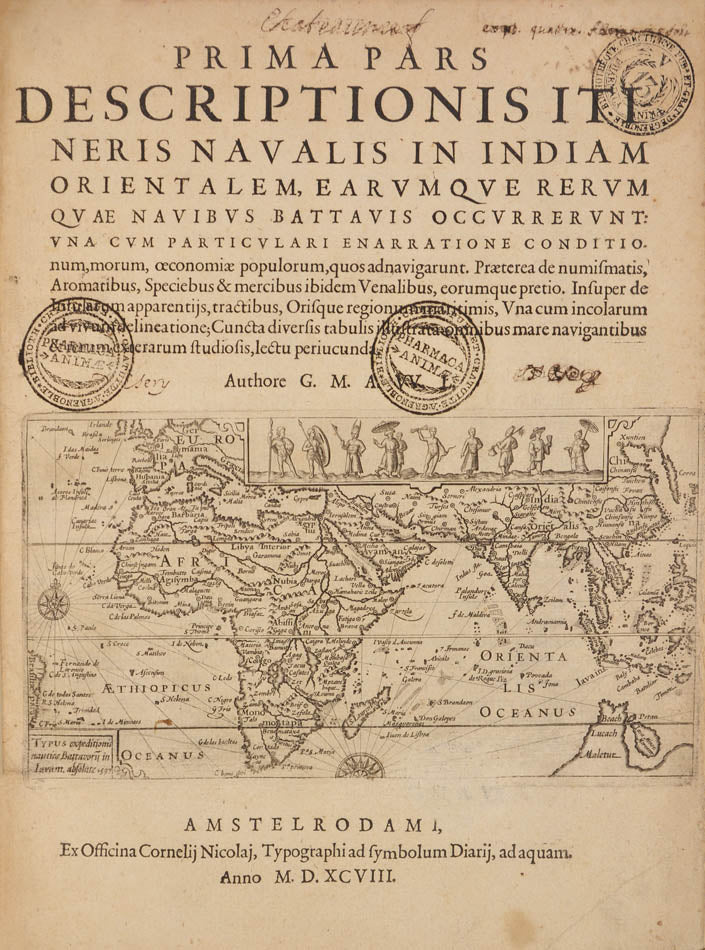 First latin edition of this important account of Houtman's voyage, the first Dutch voyage ot the East Indies.  With detailed descriptions of Java and Bali.