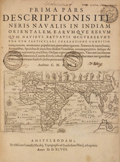 First latin edition of this important account of Houtman's voyage, the first Dutch voyage ot the East Indies.  With detailed descriptions of Java and Bali.