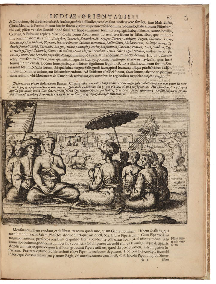 First latin edition of this important account of Houtman's voyage, the first Dutch voyage ot the East Indies.  With detailed descriptions of Java and Bali.