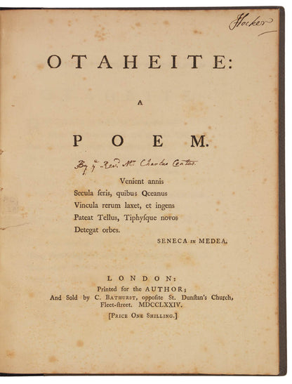 A rare poetic outburst occasioned by the return of Captain Cook from his first voyage.