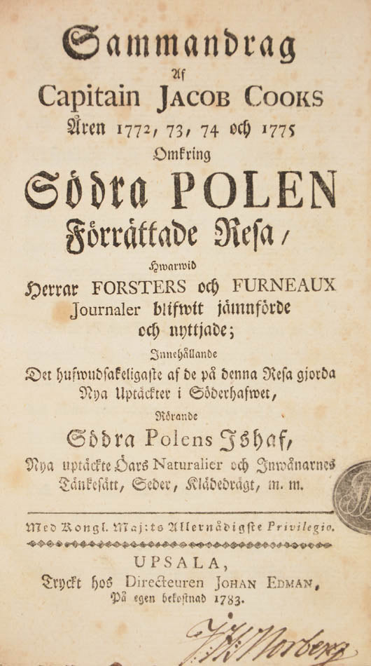 An attractively bound first edition set of Cook's voyages in Swedish