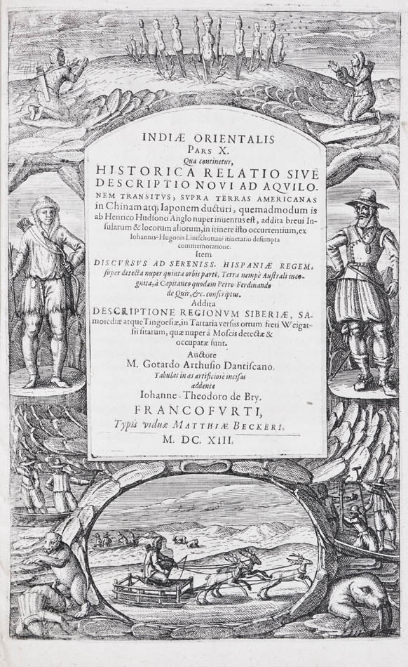 This part of de Bry's Petit Voyages includes the discovery of Hudson's Bay, the voyages of Linschoten, an account of de Quiros's voyage to Terra Australis.