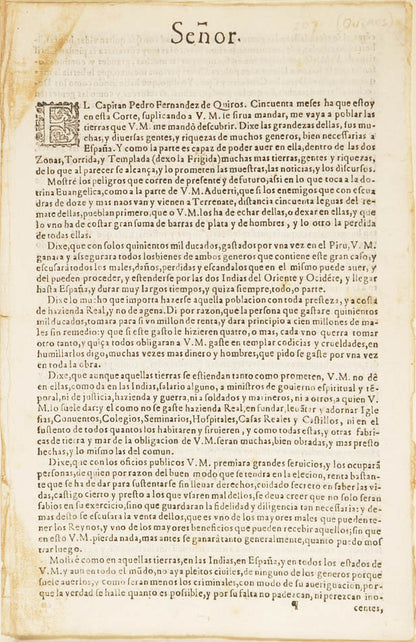 An original Quiros presentation memorial.  Alexander Dalrymple stated that the discovery of the Southern Continent (Australia) was due to de Quiros.