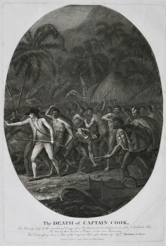 Rare oval variant of the well-known engraving of Cook's death, after an original oil painting of the scene by John Webber.