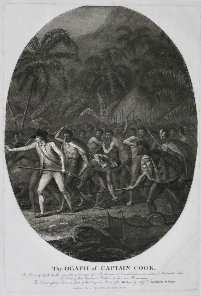 Rare oval variant of the well-known engraving of Cook's death, after an original oil painting of the scene by John Webber.
