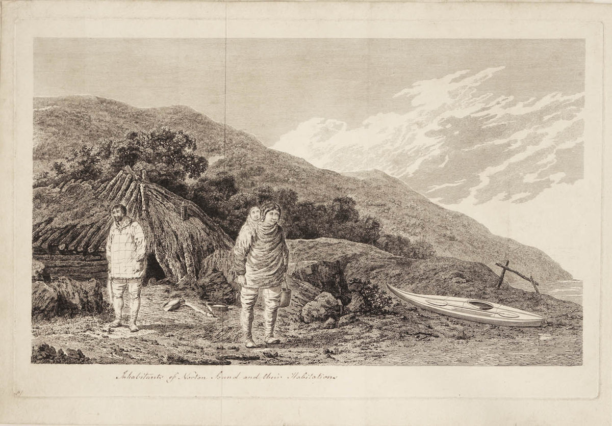 Four proof plates before letters.  Early states of images from Cook's last voyage, showing scenes in Hawai'i, Tahiti, New Zealand and Alaska.