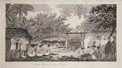 Four proof plates before letters.  Early states of images from Cook's last voyage, showing scenes in Hawai'i, Tahiti, New Zealand and Alaska.