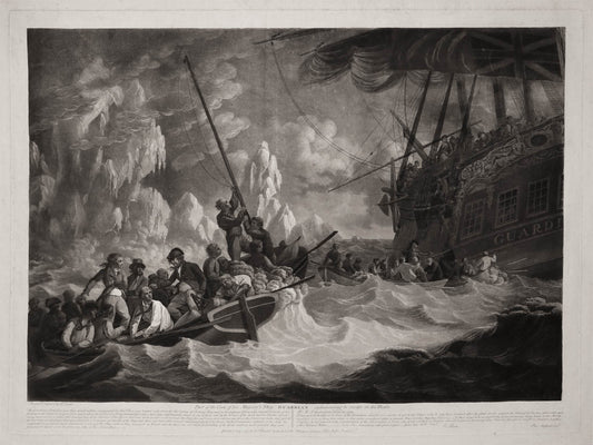 A fine mezzotint of Robert Dodd's depicition of the wreck of HMS Guardian on an iceberg twelve days out of Cape Town.