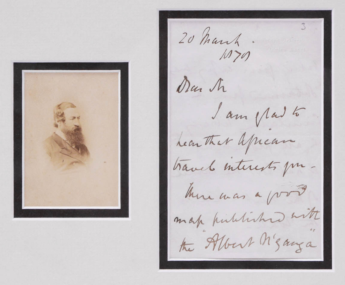 Signed letter by Samuel Baker discussing the important of maps to travel accounts.