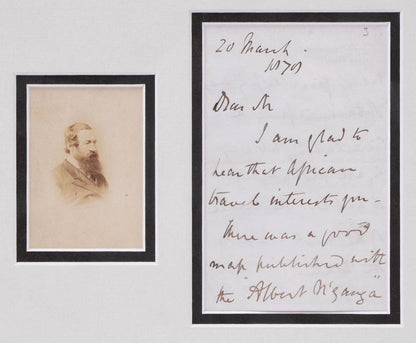 Signed letter by Samuel Baker discussing the important of maps to travel accounts.
