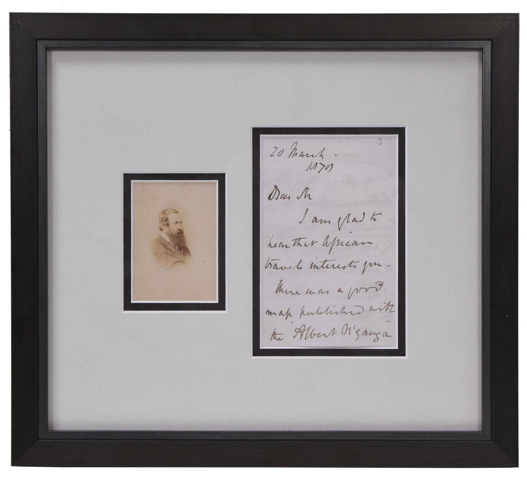 Signed letter by Samuel Baker discussing the important of maps to travel accounts.