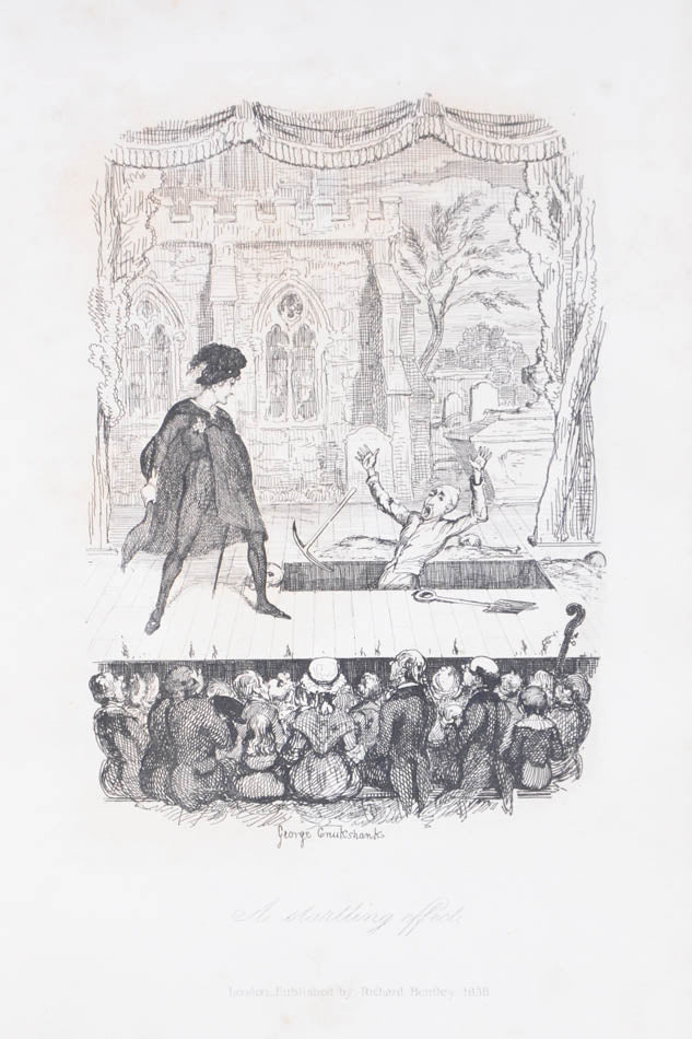 A very good copy of the first edition first issue of Memoirs of Joseph Grimaldi by Charles Dickens, illustrations by George Cruikshank, publisher's cloth.