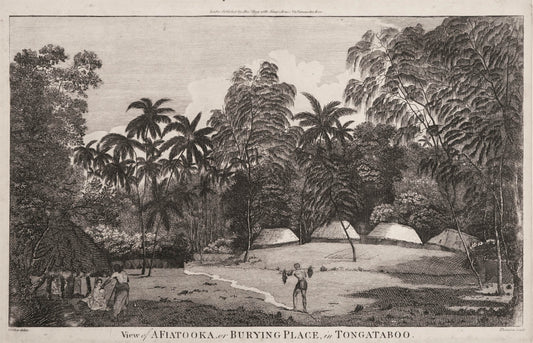 A particularly fine copy of Webber's view of one of the ceremonial burial grounds on the island of Tongatapu, Tonga.