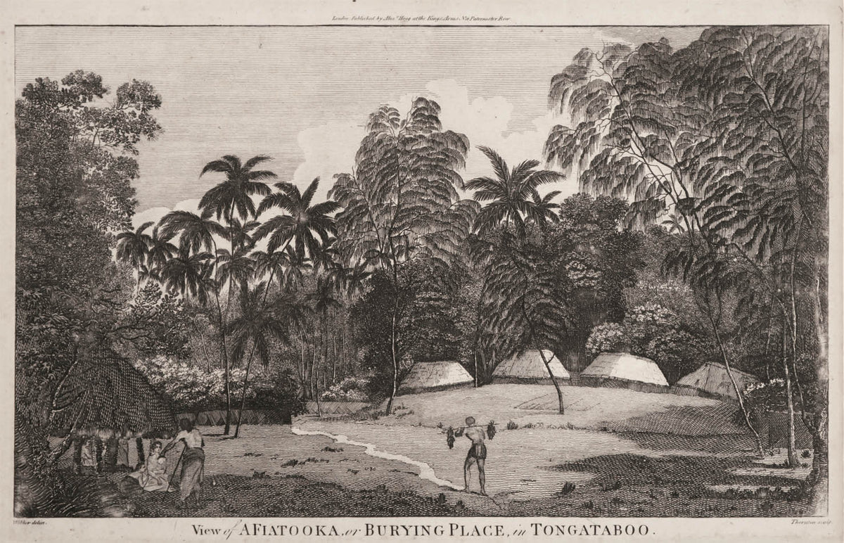A particularly fine copy of Webber's view of one of the ceremonial burial grounds on the island of Tongatapu, Tonga.