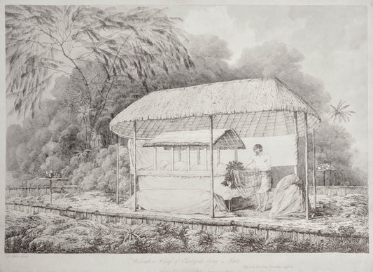 One of the most well-known images from the earlier issue of Webber's Views in the South Seas.  The chief lies in state on the island of Tahiti.