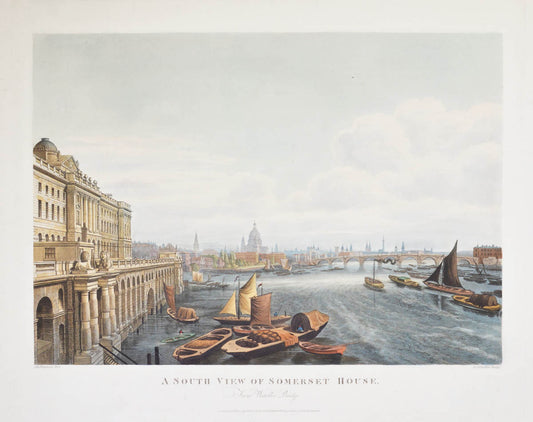 A South View of Somerset House from Waterloo Bridge by J.H. Shepherd, hand-coloured aquatint, 1817