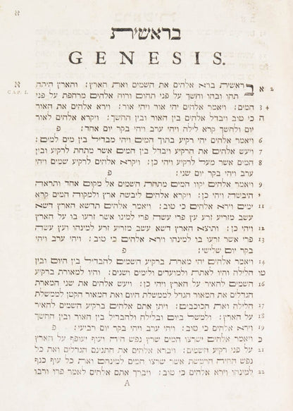 A non-vocalised edition of the Pentateuch, based on E. van der Hooght's text, one of the earliest to be printed in England.