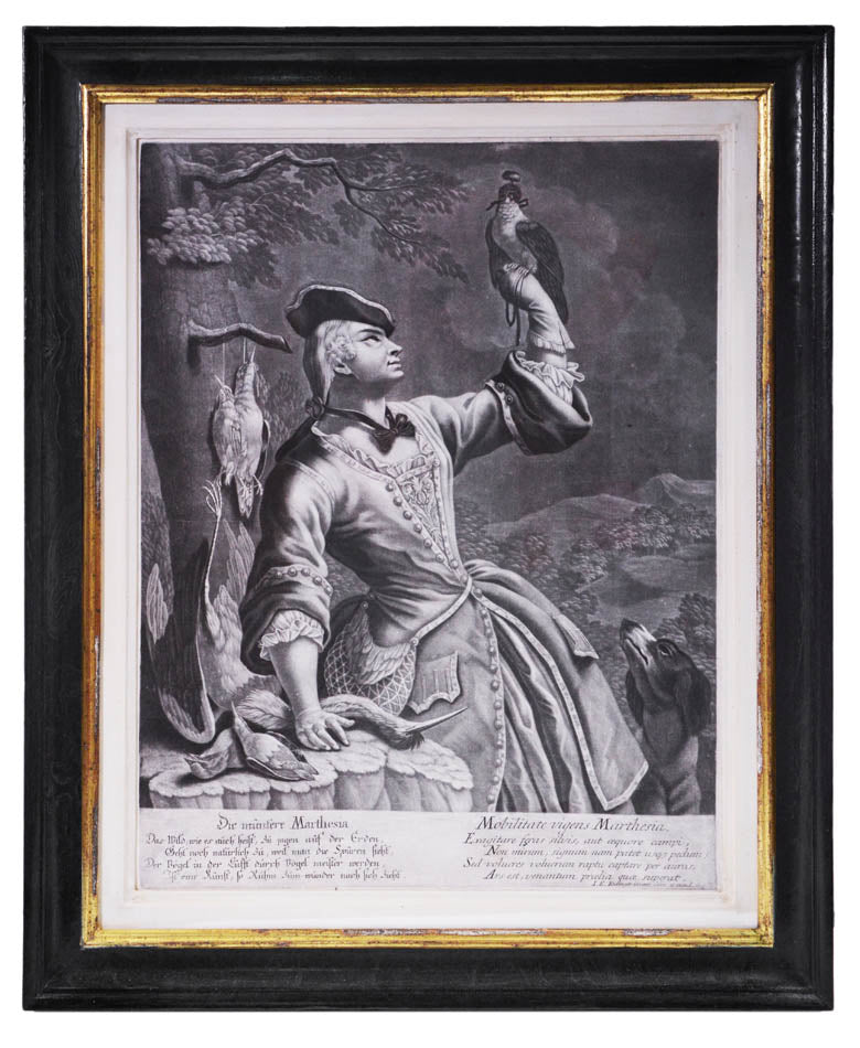 Four mezzotint engravings by and after Ridinger showing hunting scenes.
