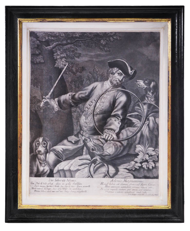 Four mezzotint engravings by and after Ridinger showing hunting scenes.