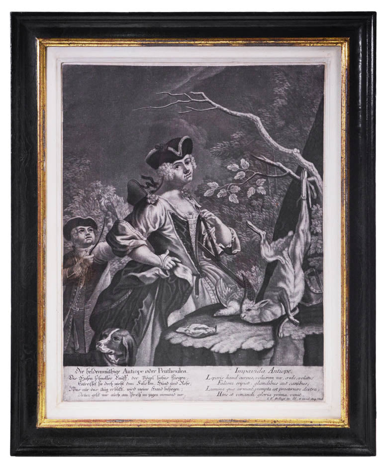 Four mezzotint engravings by and after Ridinger showing hunting scenes.