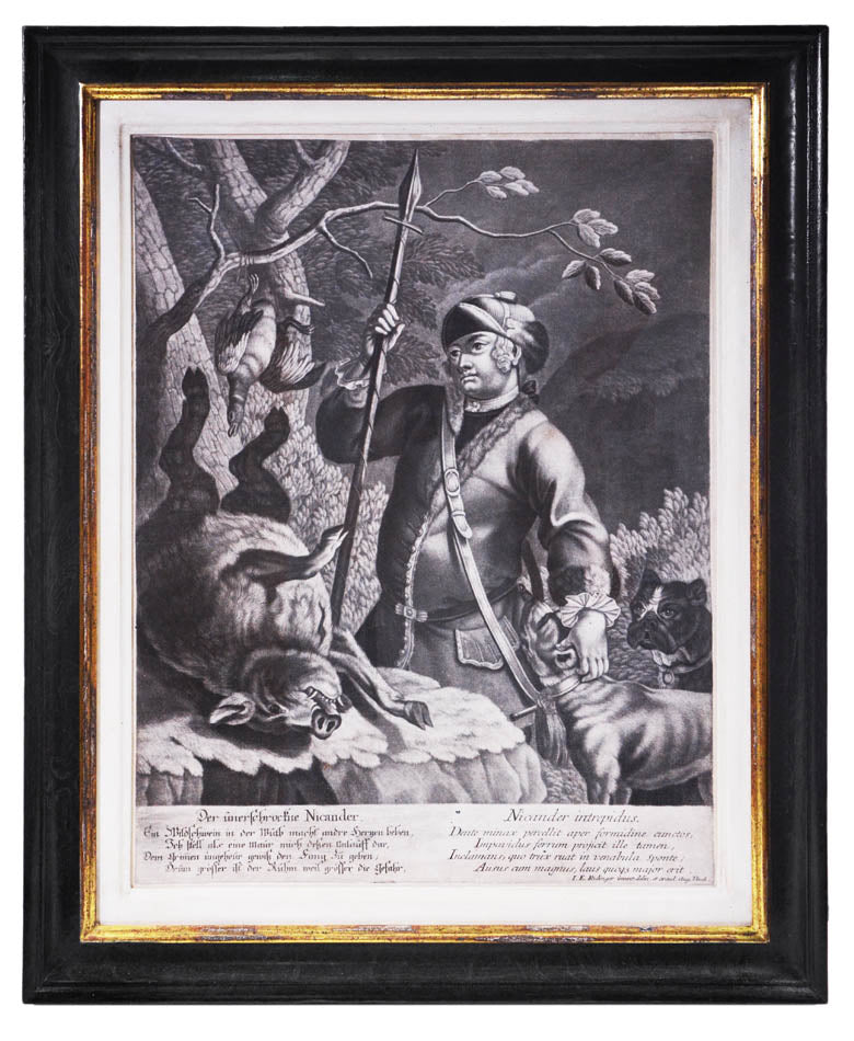 Four mezzotint engravings by and after Ridinger showing hunting scenes.