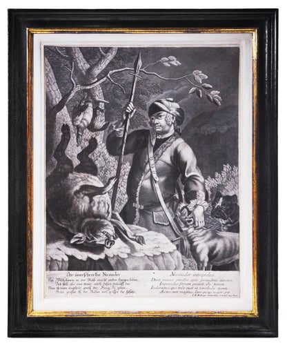 Four mezzotint engravings by and after Ridinger showing hunting scenes.