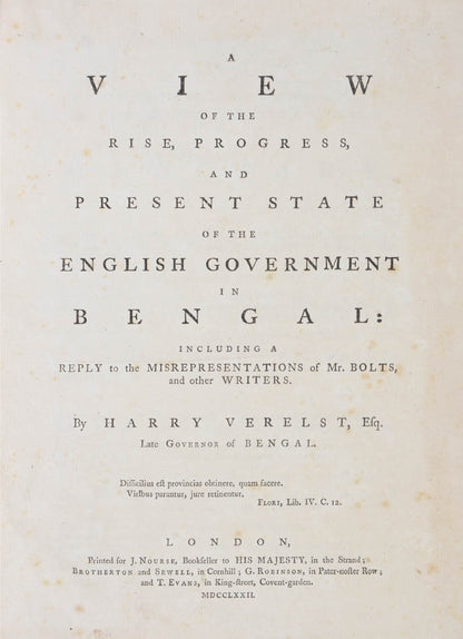 A defence by Harry Verelst (1734-1785) of the British administration in Bengal during his governorship.