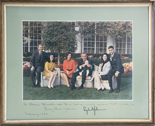 Lydon B. Johnson 36th President of the United States; Harold Wilson Prime Minister of Great Britain, photographic portrait of Lyndon B Johnson and his family, inscribed 