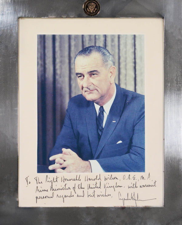 Signed and inscribed presentation photograph from President Lyndon B. Johnson to Prime Minister Harold Wilson. An excellent portrait of the President. 